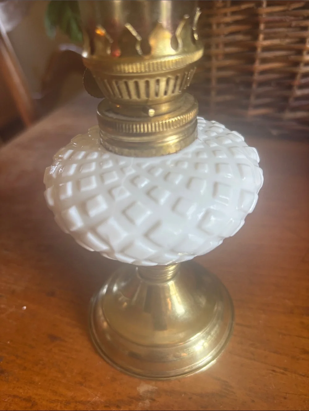 Vintage diamond design milk glass with brass tone base hurricane mini oil lamp